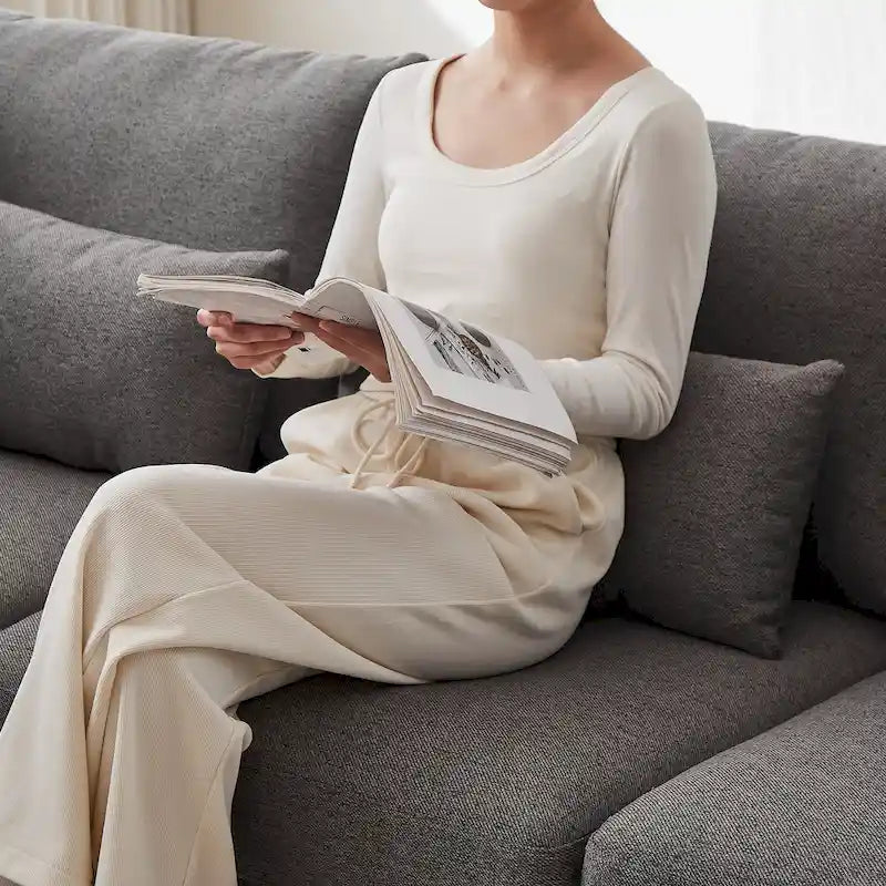 Divano Sezionale a L in Lino Grigio/Beige/Nero con Pouf, 4 Posti