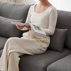 Divano Sezionale a L in Lino Grigio/Beige/Nero con Pouf, 4 Posti