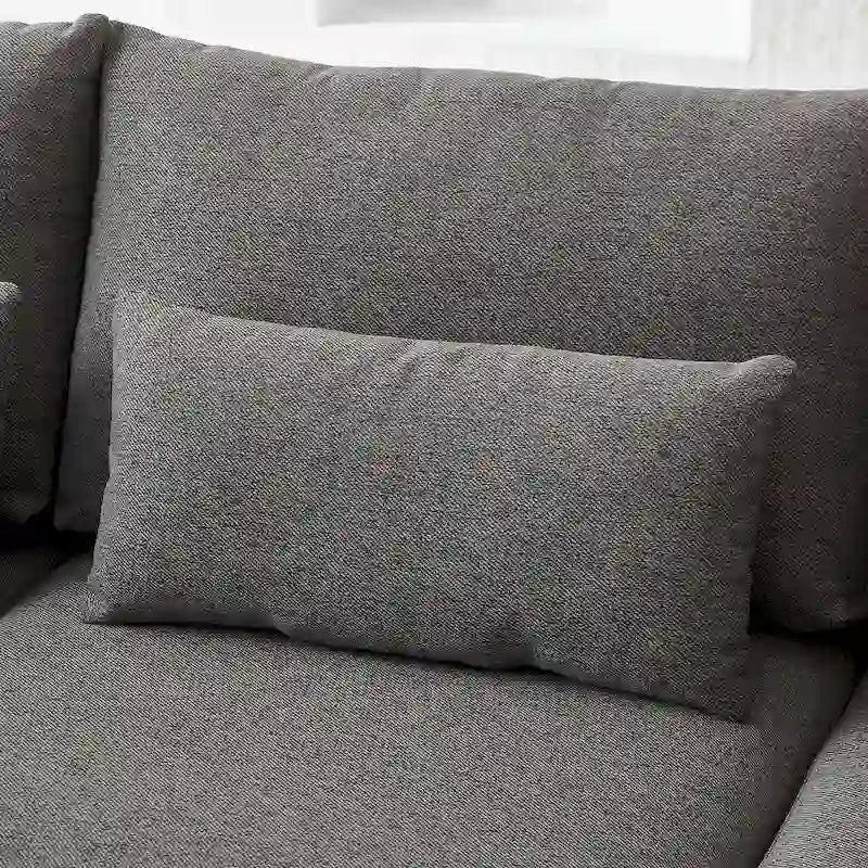 Divano Sezionale a L in Lino Grigio/Beige/Nero con Pouf, 4 Posti