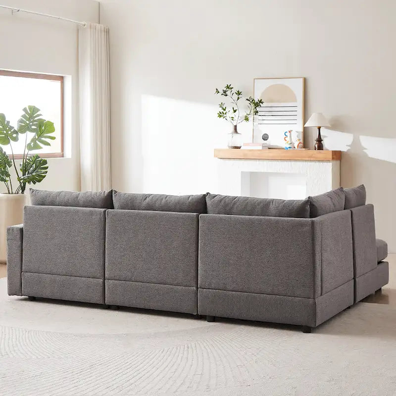 Divano Sezionale a L in Lino Grigio/Beige/Nero con Pouf, 4 Posti