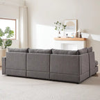 Divano Sezionale a L in Lino Grigio/Beige/Nero con Pouf, 4 Posti