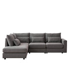Divano Sezionale a L in Lino Grigio/Beige/Nero con Pouf, 4 Posti