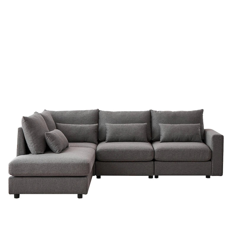 Divano Sezionale a L in Lino Grigio/Beige/Nero con Pouf, 4 Posti