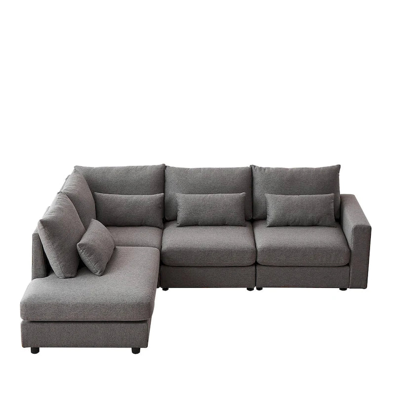 Divano Sezionale a L in Lino Grigio/Beige/Nero con Pouf, 4 Posti
