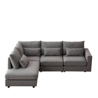 Divano Sezionale a L in Lino Grigio/Beige/Nero con Pouf, 4 Posti