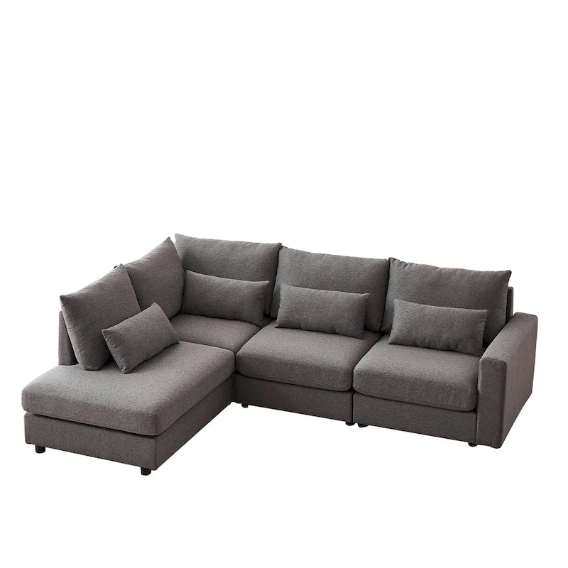 Divano Sezionale a L in Lino Grigio/Beige/Nero con Pouf, 4 Posti