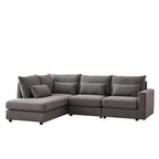 Divano Sezionale a L in Lino Grigio/Beige/Nero con Pouf, 4 Posti