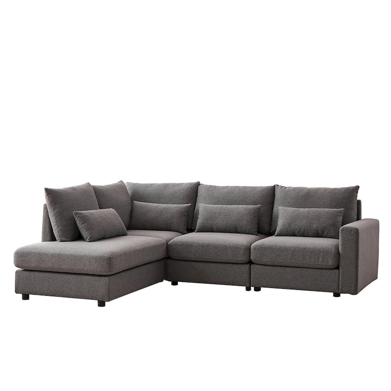 Divano Sezionale a L in Lino Grigio/Beige/Nero con Pouf, 4 Posti