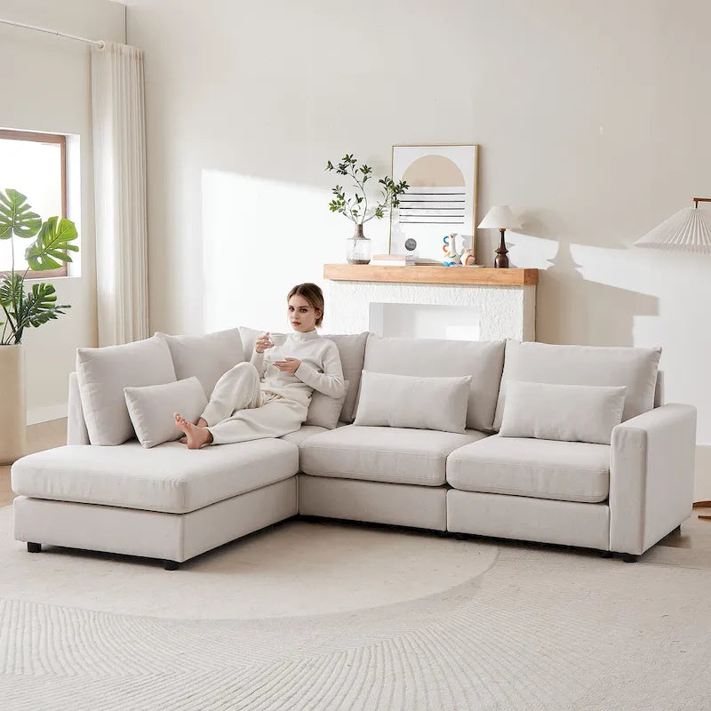 Divano Sezionale a L in Lino Grigio/Beige/Nero con Pouf, 4 Posti