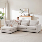 Divano Sezionale a L in Lino Grigio/Beige/Nero con Pouf, 4 Posti