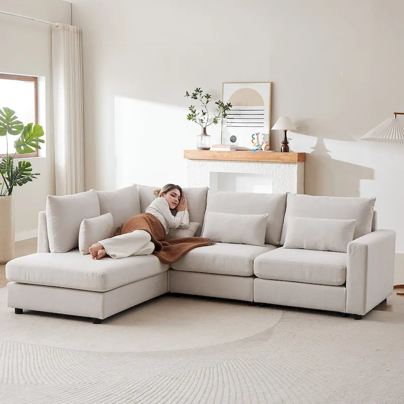 Divano Sezionale a L in Lino Grigio/Beige/Nero con Pouf, 4 Posti