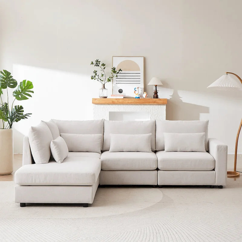 Divano Sezionale a L in Lino Grigio/Beige/Nero con Pouf, 4 Posti