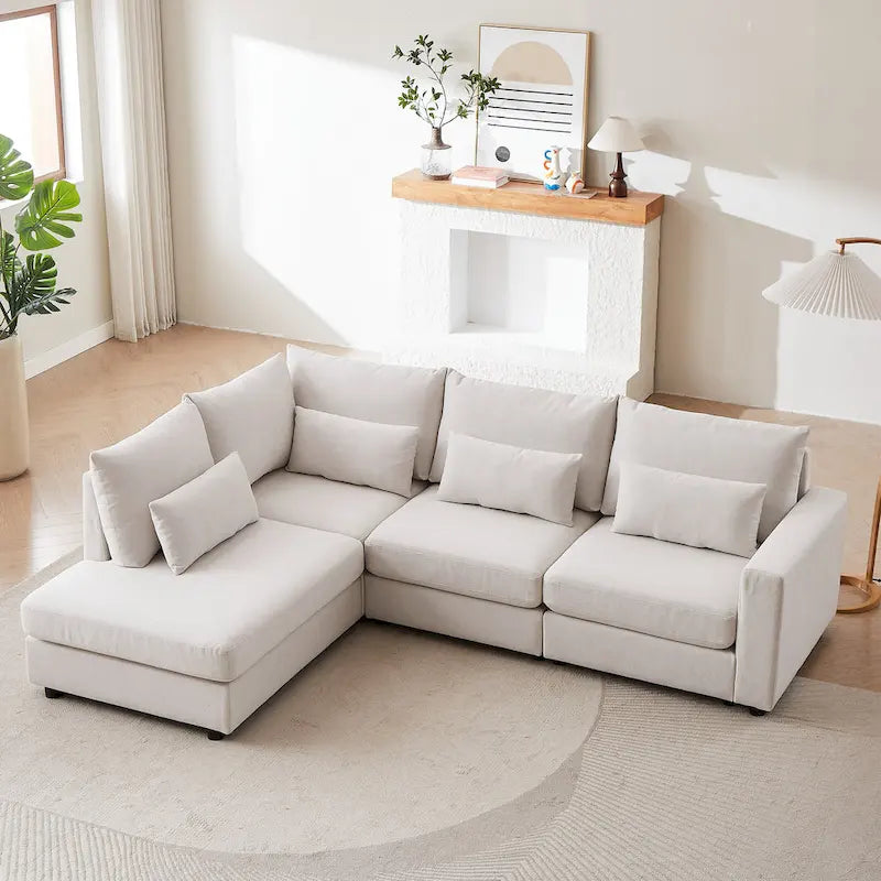 Divano Sezionale a L in Lino Grigio/Beige/Nero con Pouf, 4 Posti
