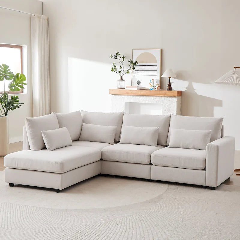 Divano Sezionale a L in Lino Grigio/Beige/Nero con Pouf, 4 Posti
