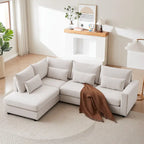 Divano Sezionale a L in Lino Grigio/Beige/Nero con Pouf, 4 Posti