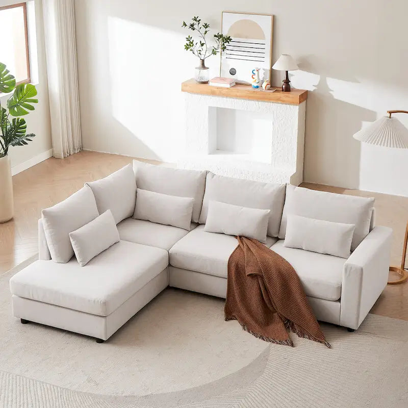 Divano Sezionale a L in Lino Grigio/Beige/Nero con Pouf, 4 Posti