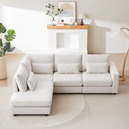Divano Sezionale a L in Lino Grigio/Beige/Nero con Pouf, 4 Posti