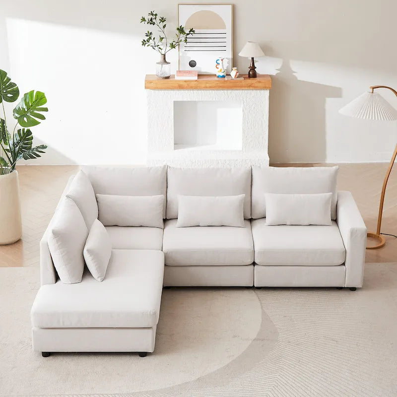 Divano Sezionale a L in Lino Grigio/Beige/Nero con Pouf, 4 Posti