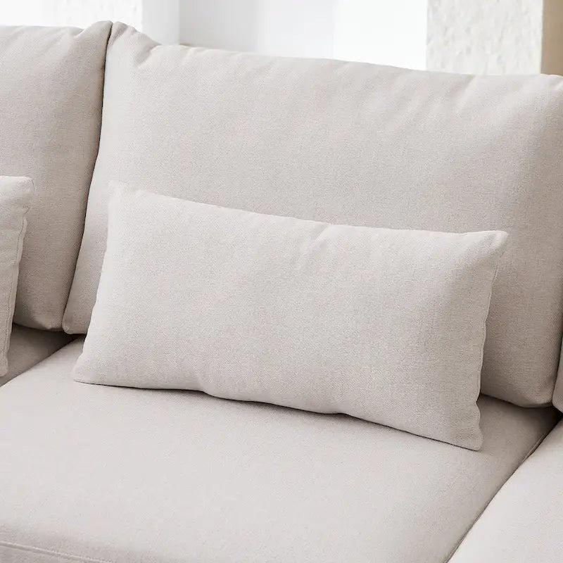 Divano Sezionale a L in Lino Grigio/Beige/Nero con Pouf, 4 Posti
