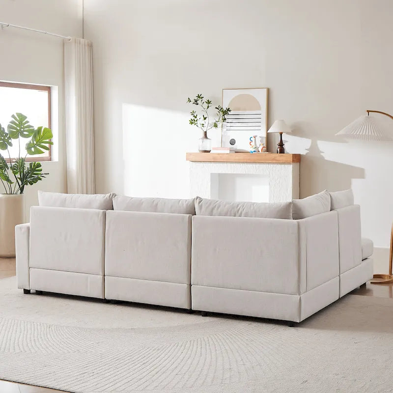 Divano Sezionale a L in Lino Grigio/Beige/Nero con Pouf, 4 Posti