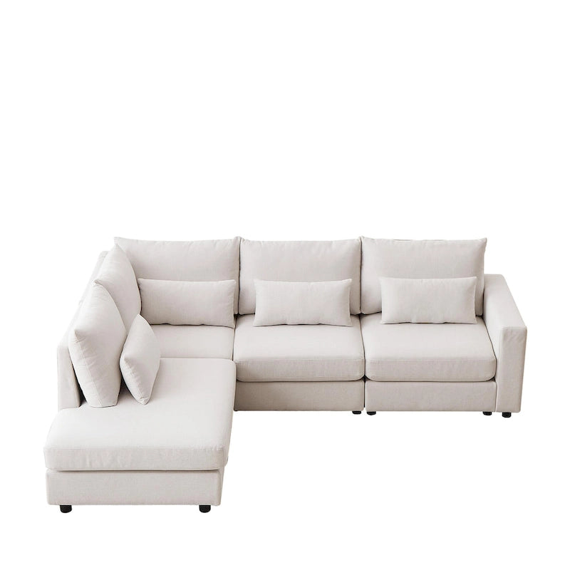 Divano Sezionale a L in Lino Grigio/Beige/Nero con Pouf, 4 Posti