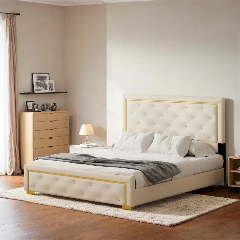 Letto a piattaforma imbottito in velluto beige/nero/grigio – Queen, 1 piazza