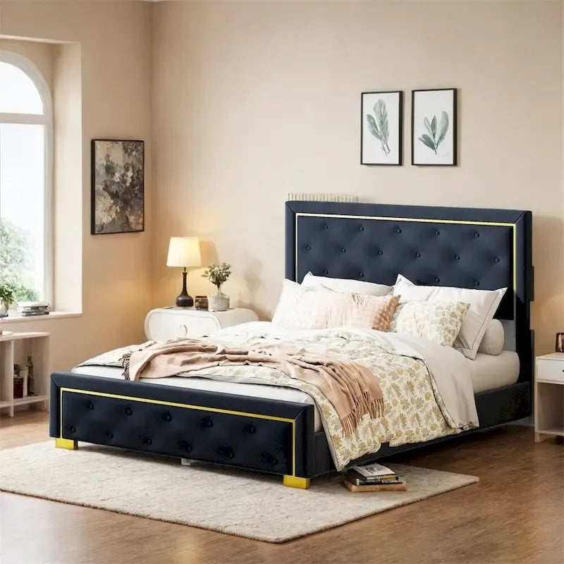 Letto a piattaforma imbottito in velluto beige/nero/grigio – Queen, 1 piazza