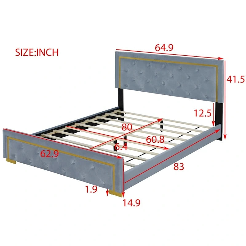 Letto a piattaforma imbottito in velluto beige/nero/grigio – Queen, 1 piazza