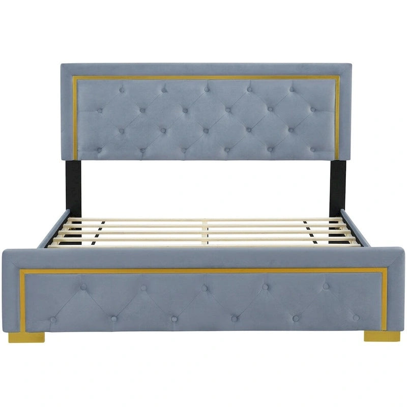 Letto a piattaforma imbottito in velluto beige/nero/grigio – Queen, 1 piazza