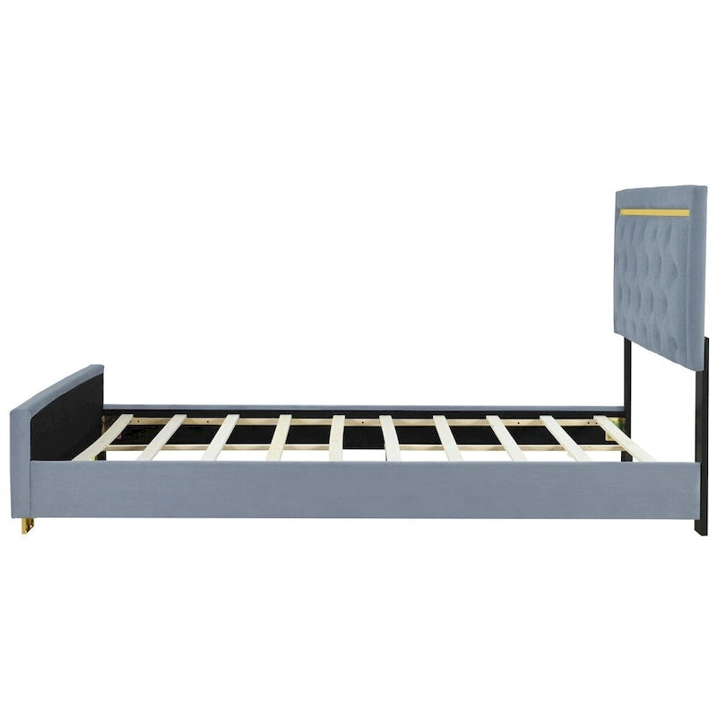 Letto a piattaforma imbottito in velluto beige/nero/grigio – Queen, 1 piazza
