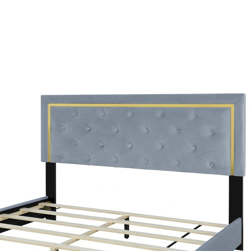 Letto a piattaforma imbottito in velluto beige/nero/grigio – Queen, 1 piazza