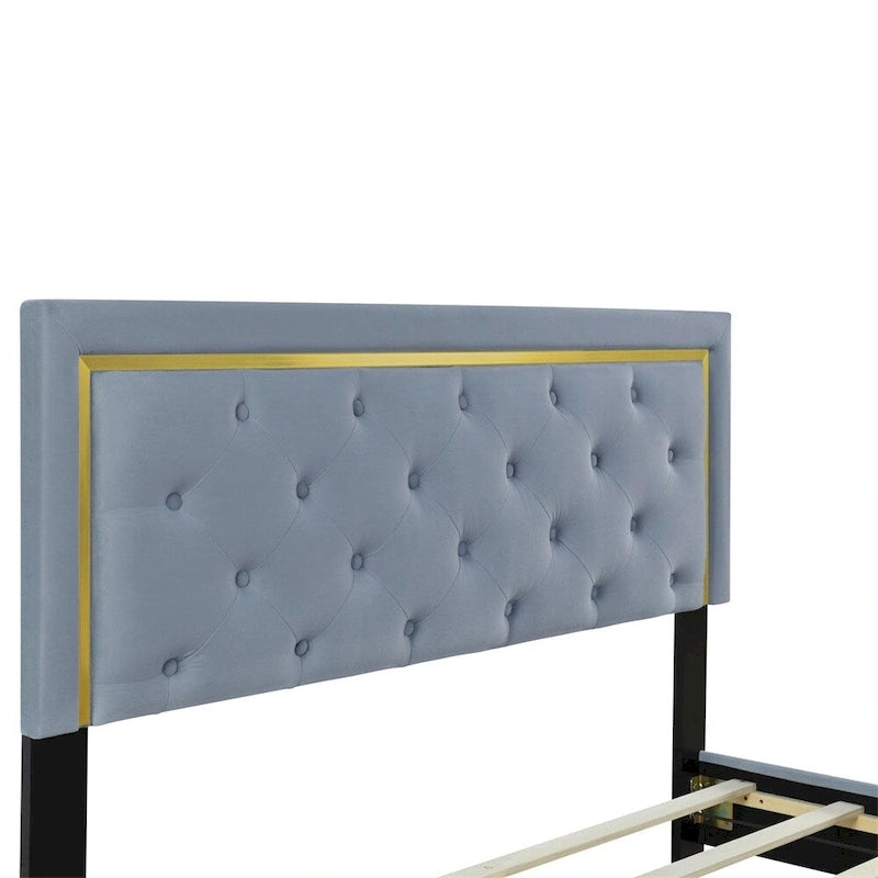 Letto a piattaforma imbottito in velluto beige/nero/grigio – Queen, 1 piazza