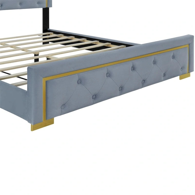 Letto a piattaforma imbottito in velluto beige/nero/grigio – Queen, 1 piazza