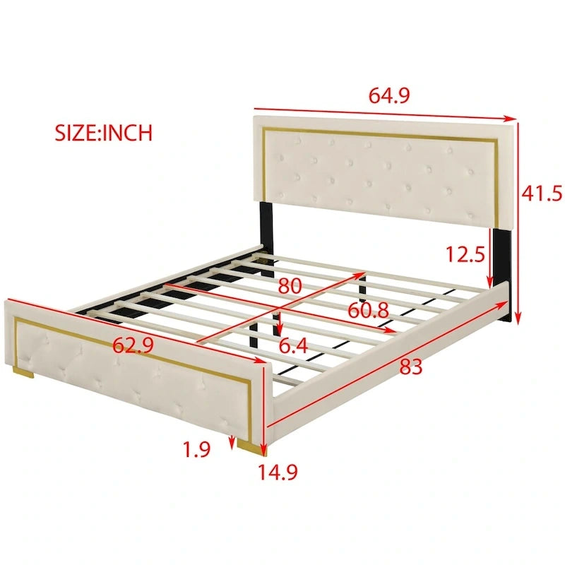 Letto a piattaforma imbottito in velluto beige/nero/grigio – Queen, 1 piazza