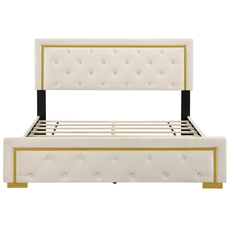 Letto a piattaforma imbottito in velluto beige/nero/grigio – Queen, 1 piazza