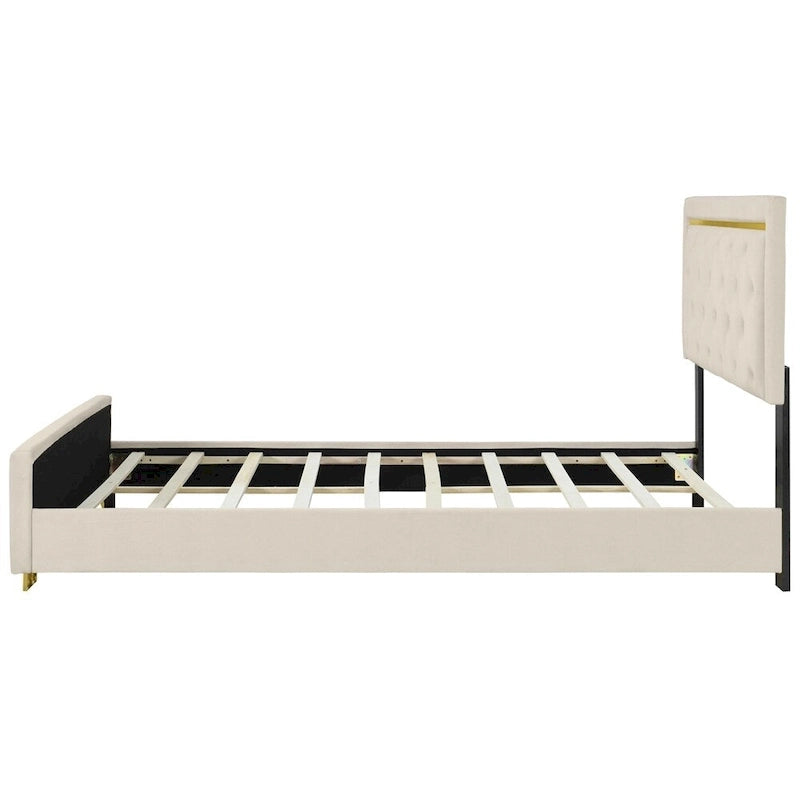Letto a piattaforma imbottito in velluto beige/nero/grigio – Queen, 1 piazza
