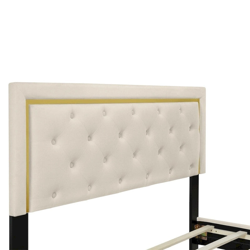 Letto a piattaforma imbottito in velluto beige/nero/grigio – Queen, 1 piazza