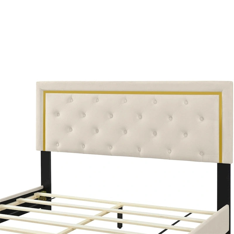 Letto a piattaforma imbottito in velluto beige/nero/grigio – Queen, 1 piazza