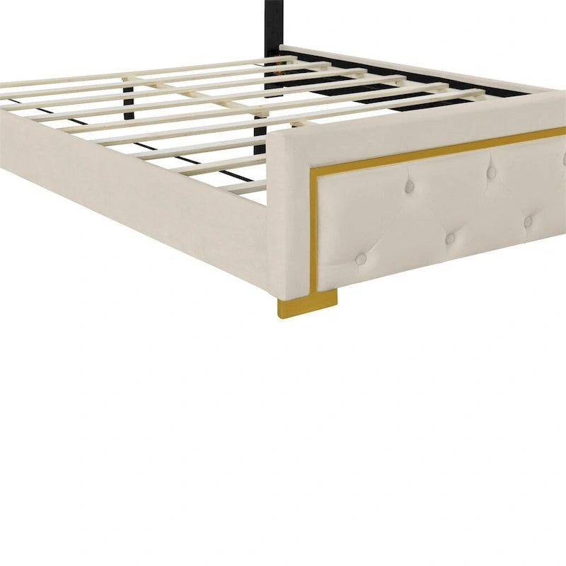 Letto a piattaforma imbottito in velluto beige/nero/grigio – Queen, 1 piazza