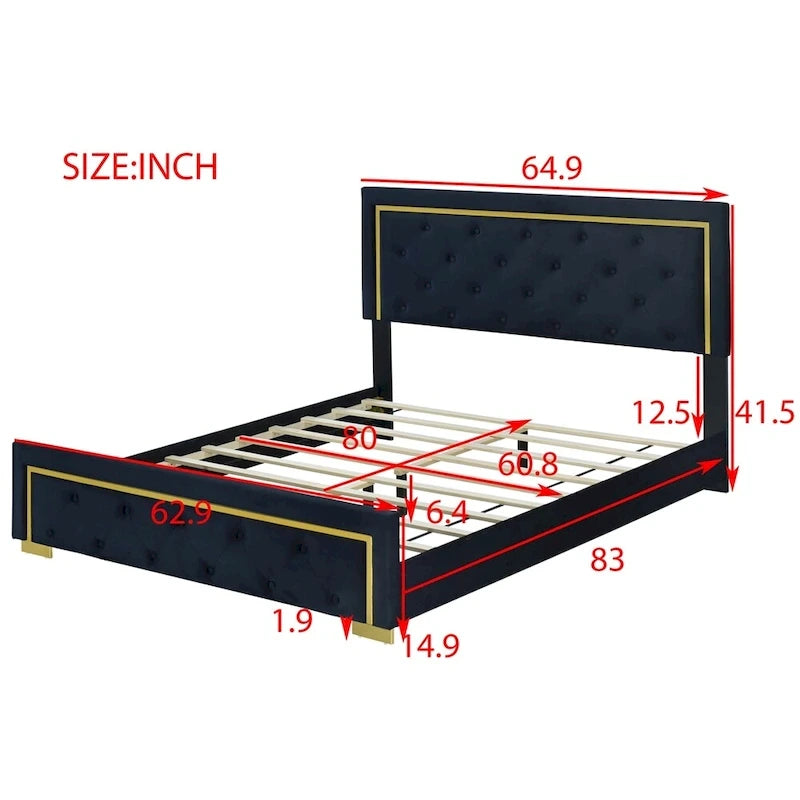 Letto a piattaforma imbottito in velluto beige/nero/grigio – Queen, 1 piazza