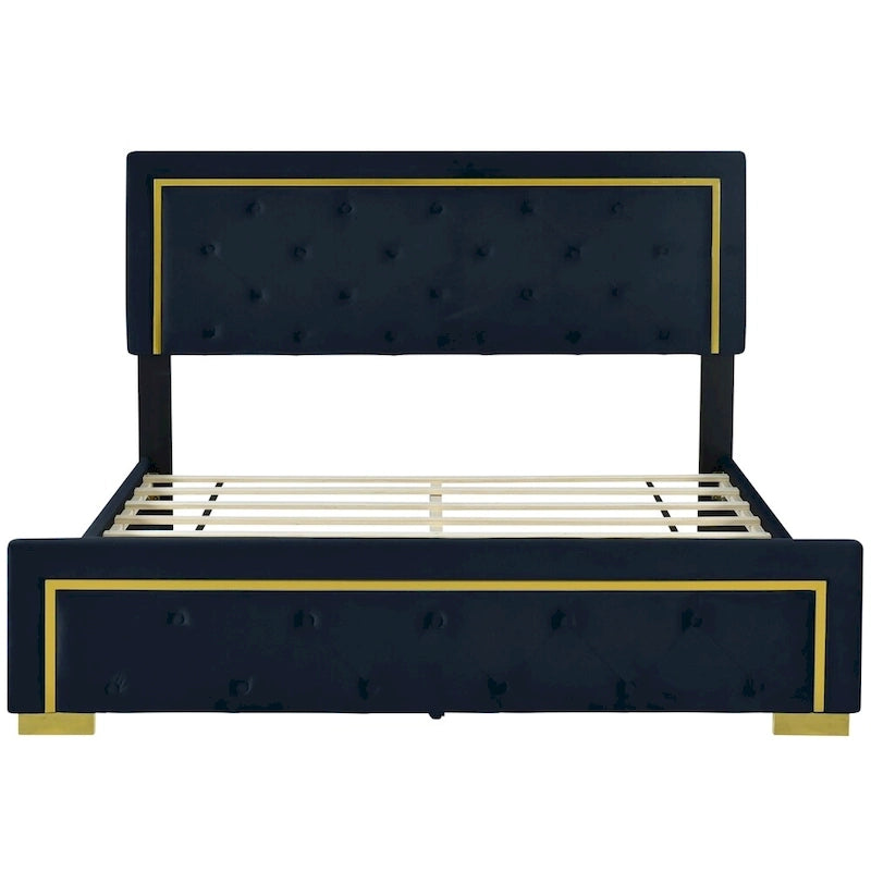 Letto a piattaforma imbottito in velluto beige/nero/grigio – Queen, 1 piazza