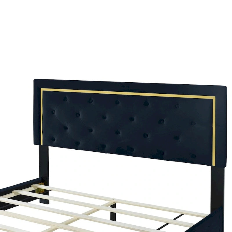Letto a piattaforma imbottito in velluto beige/nero/grigio – Queen, 1 piazza