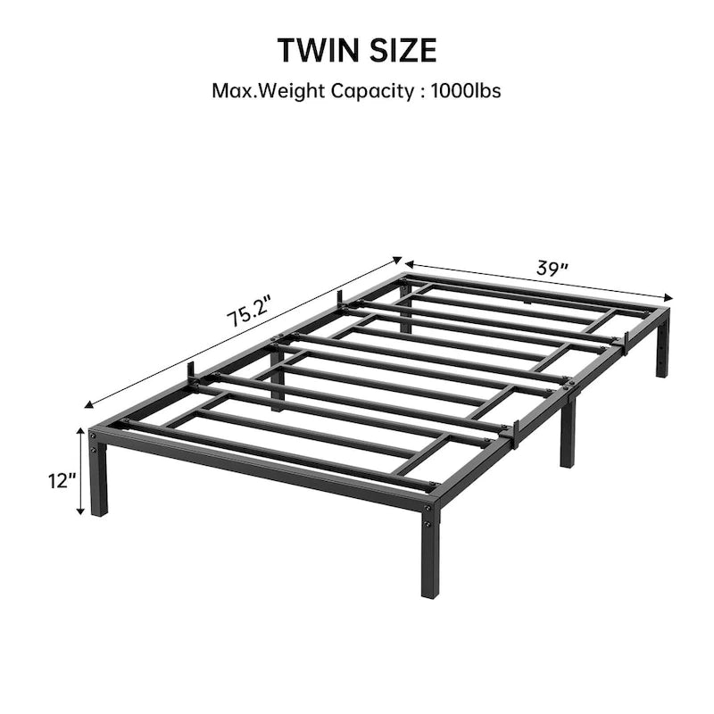 Struttura Letto a Piattaforma in Metallo Nero, Nessuna Rete a Molle Necessaria – Singolo/Matrimoniale/Queen/King