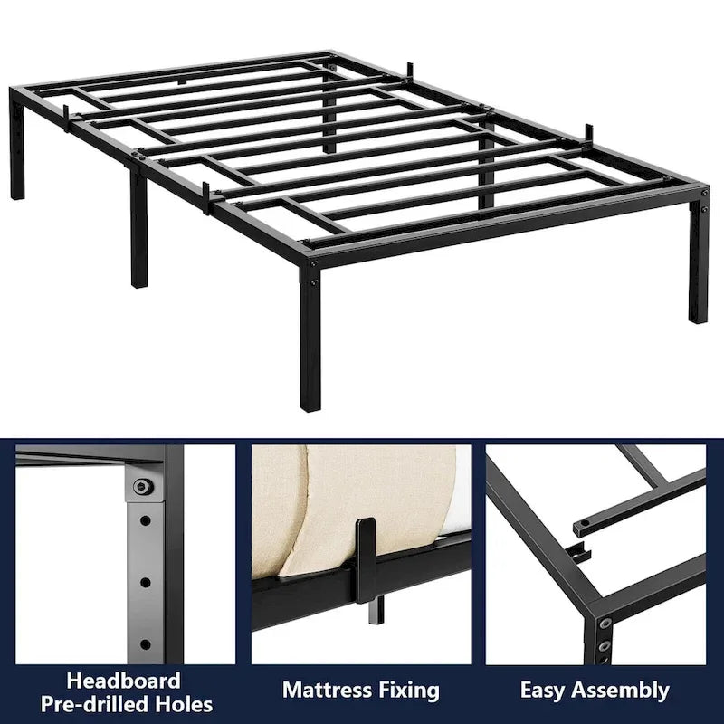 Struttura Letto a Piattaforma in Metallo Nero, Nessuna Rete a Molle Necessaria – Singolo/Matrimoniale/Queen/King