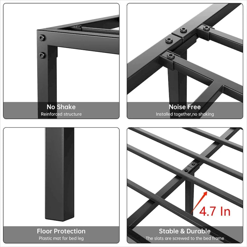 Struttura Letto a Piattaforma in Metallo Nero, Nessuna Rete a Molle Necessaria – Singolo/Matrimoniale/Queen/King
