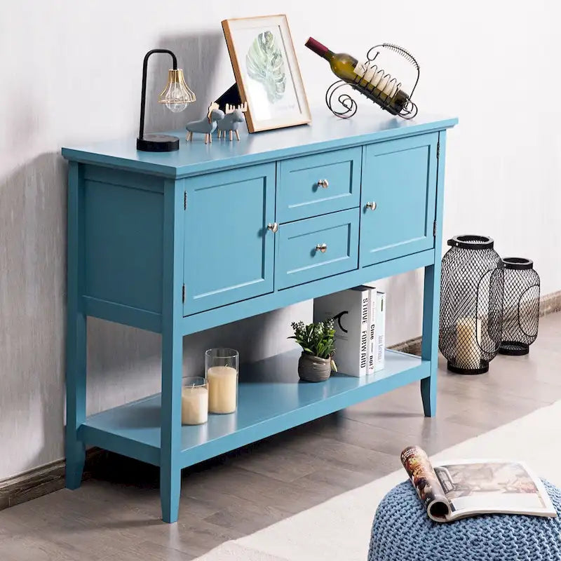 Credenza consolle in legno grigio / caffè / blu con cassetti e ante