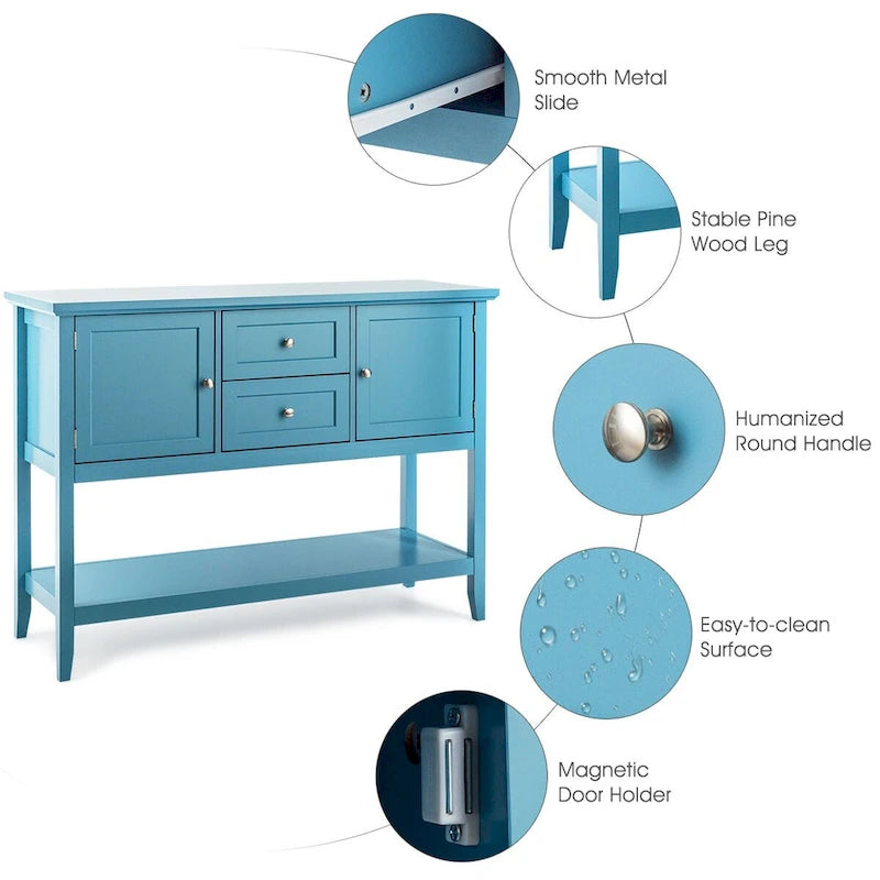 Credenza consolle in legno grigio / caffè / blu con cassetti e ante