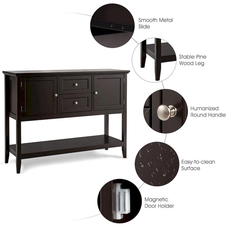 Credenza consolle in legno grigio / caffè / blu con cassetti e ante