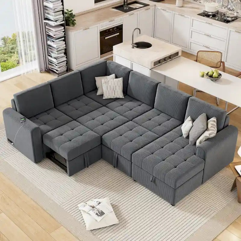 Divano Sezionale a U Grigio/Beige con Letto Estraibile, Contenitore e Ricarica USB, 6+ Posti a Sedere