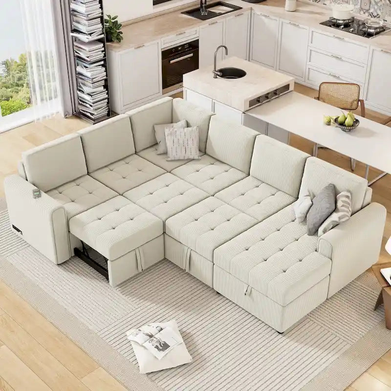 Divano Sezionale a U Grigio/Beige con Letto Estraibile, Contenitore e Ricarica USB, 6+ Posti a Sedere